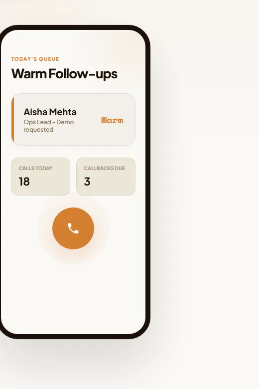 Close-up of the calling-queue mockup from DialUp's marketing site