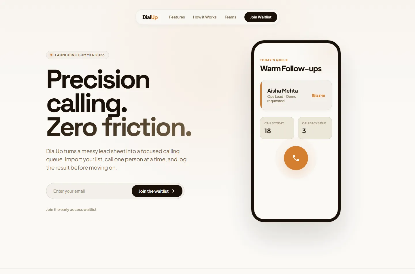 DialUp's public waitlist page, 'Precision calling. Zero friction.', beside a phone mockup of the calling queue