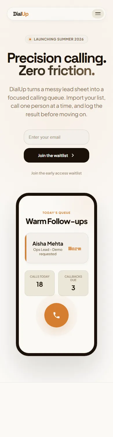 DialUp's waitlist page on a phone, captured full length