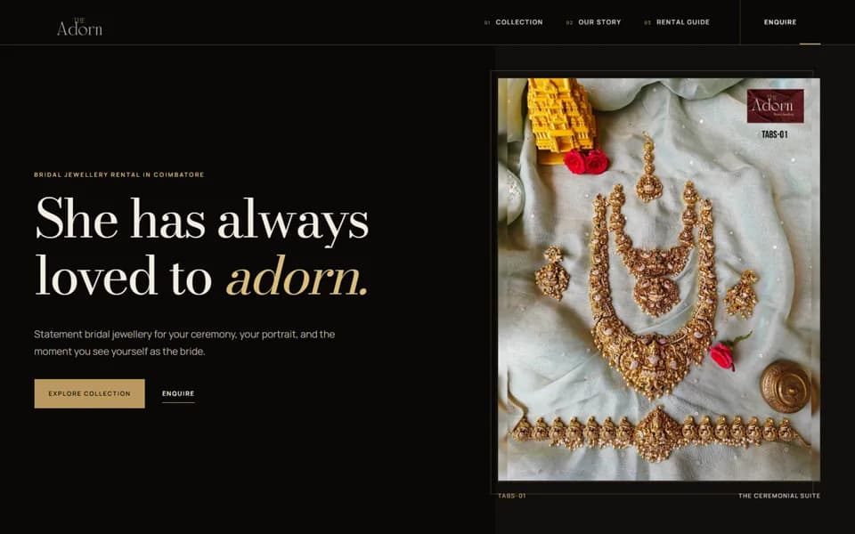 Adorn's homepage: 'She has always loved to adorn.' beside a spread of bridal jewellery