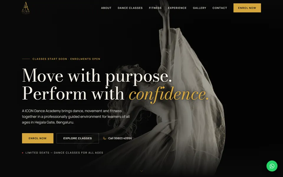 Icon Studio's homepage: 'Move with purpose. Perform with confidence.' over a dancer