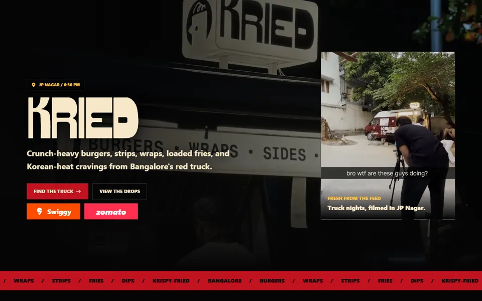 Kried's homepage: a red food-truck brand with burgers, strips and wraps